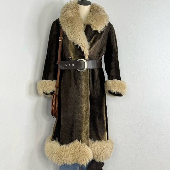 Vintage Jackets & Blazers - Vintage 1970s Penny Lane Long Brown Coat Faux Fur Size XS-Small